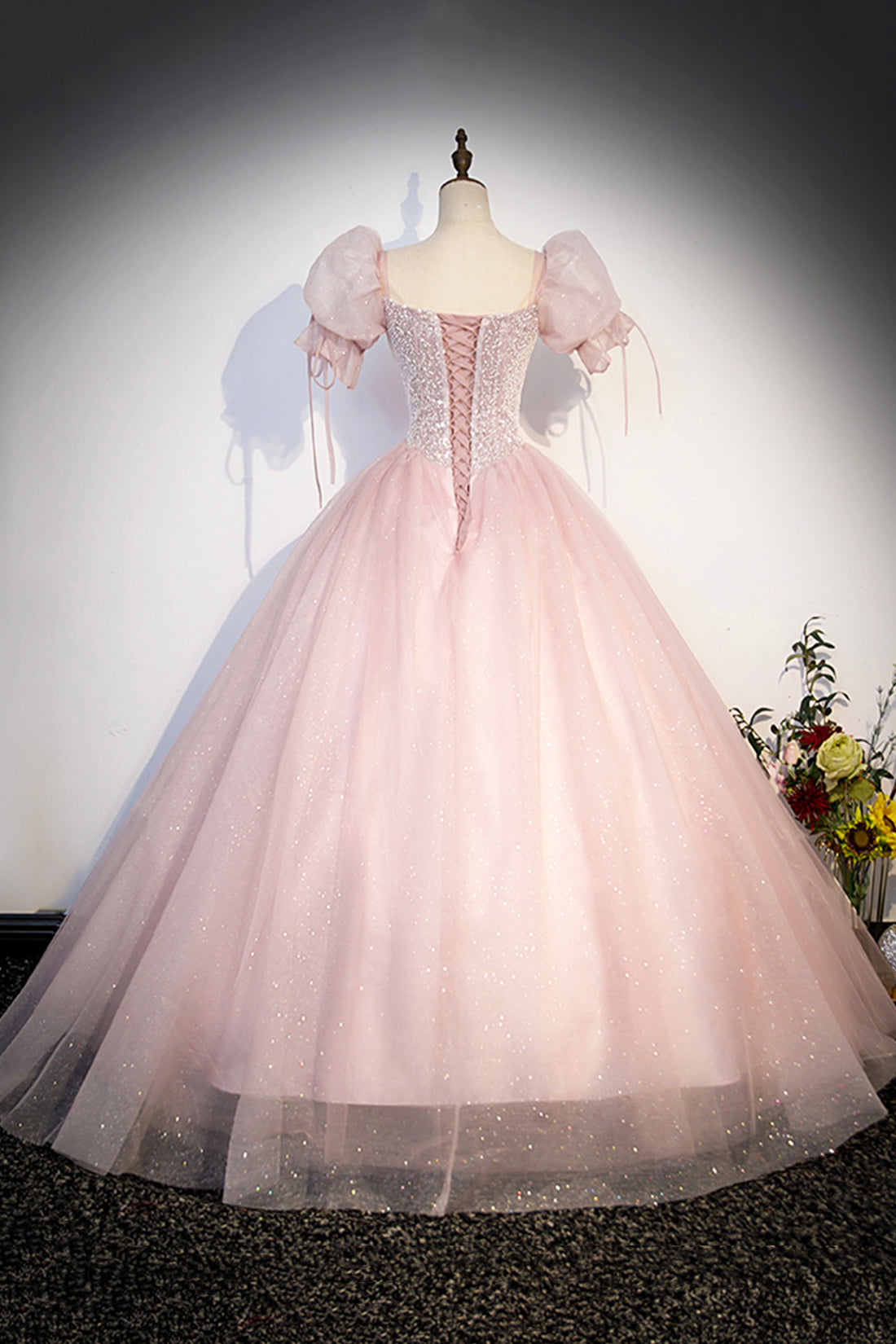 Blushing Pink Beading Sequins Prom Dresses, Short Sleeve Backless Floor-Length Formal Dresses