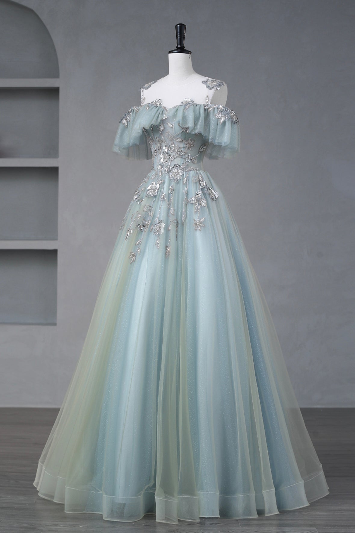 Beautiful Tulle Sequins Long Prom Dress, A-Line Off the Shoulder Party Dress