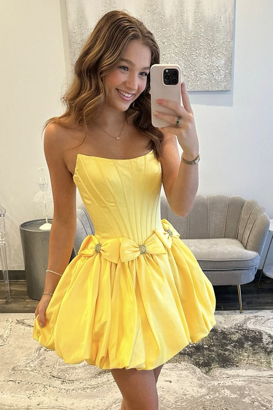 Yellow Strapless Satin Short Prom Dress, Lovely A-line Party Dress