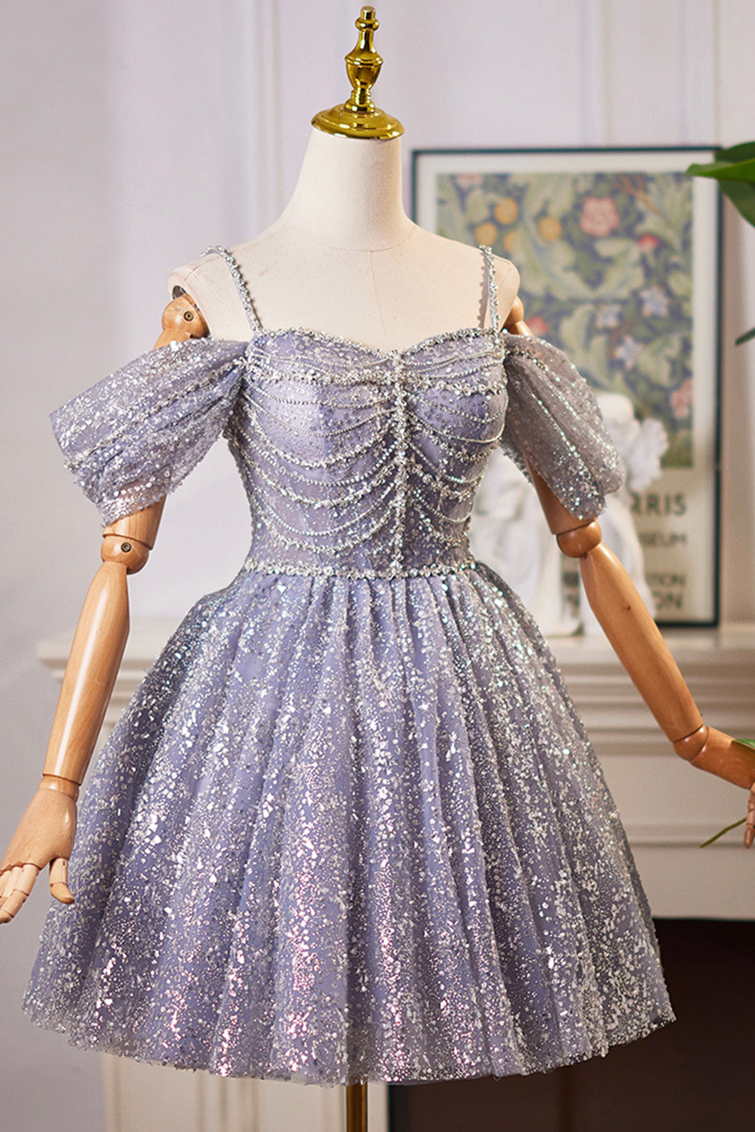 A-Line Tulle Sequins Knee Length Prom Dress, Off the Shoulder Evening Party Dress