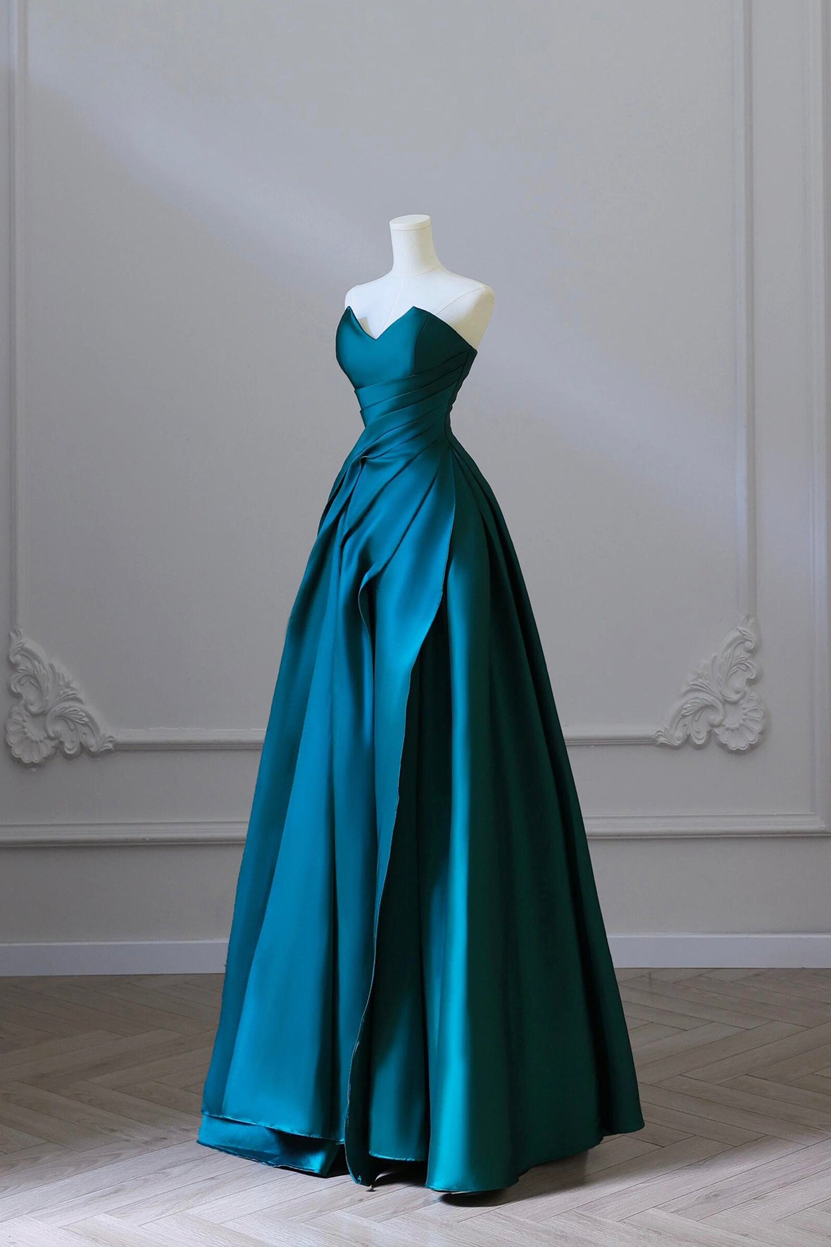 Blue Strapless Satin Long Prom Dress, A-Line Backless Evening Party Dress