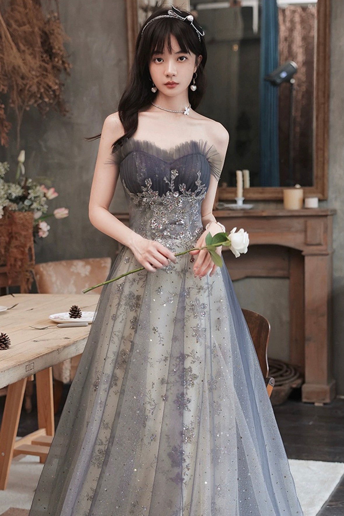 A-Line Tulle Sequins Long Prom Dress, Gray Strapless Evening Party Dress