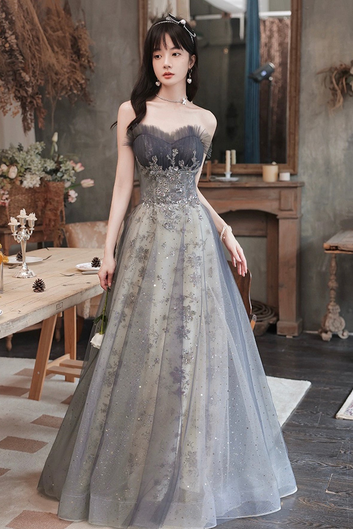 A-Line Tulle Sequins Long Prom Dress, Gray Strapless Evening Party Dress