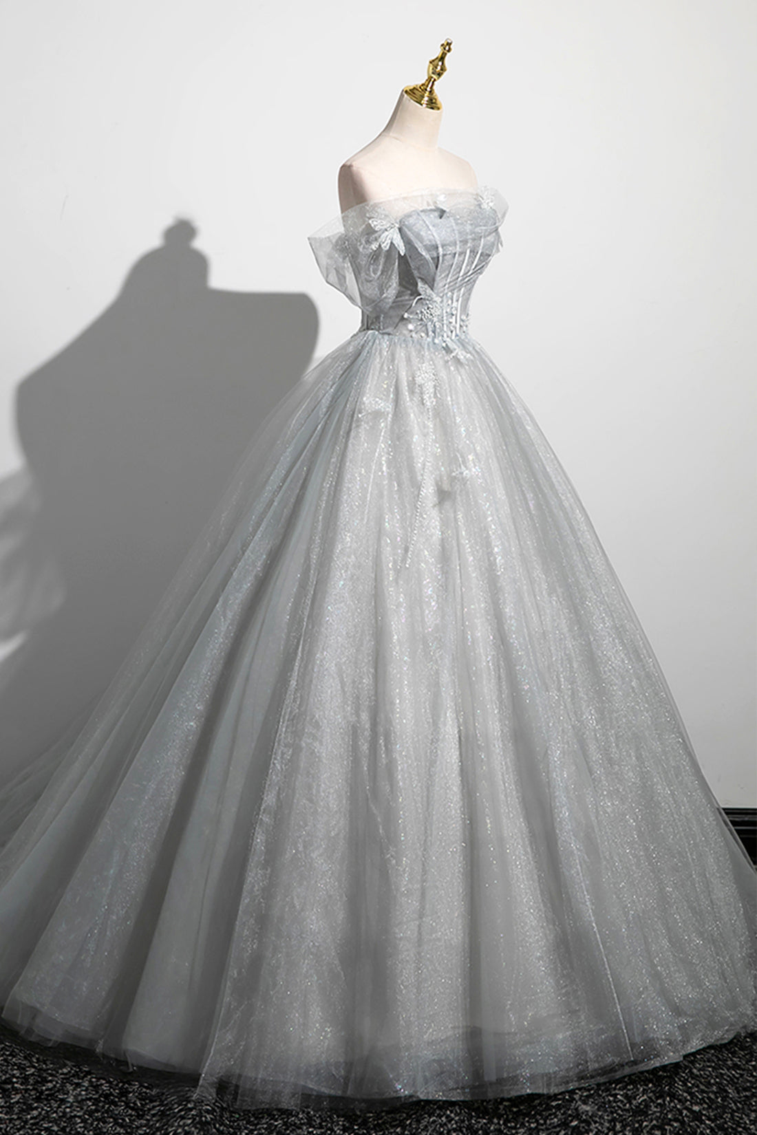 A-Line Off the Shoulder Tulle Prom Dress, Gray Corset Floor Length Party Dress