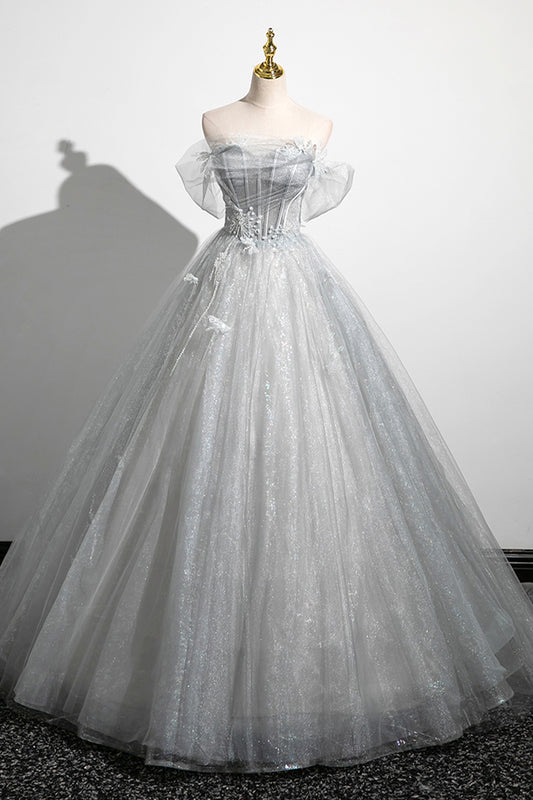 A-Line Off the Shoulder Tulle Prom Dress, Gray Corset Floor Length Party Dress