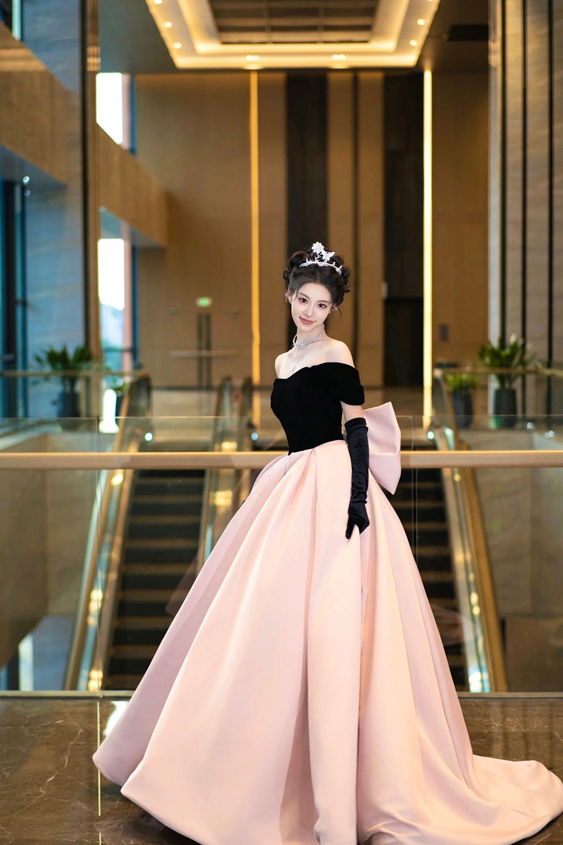 Black Velvet and Pink Satin Long Prom Dress, Off the Shoulder A-Line Evening Party Dress