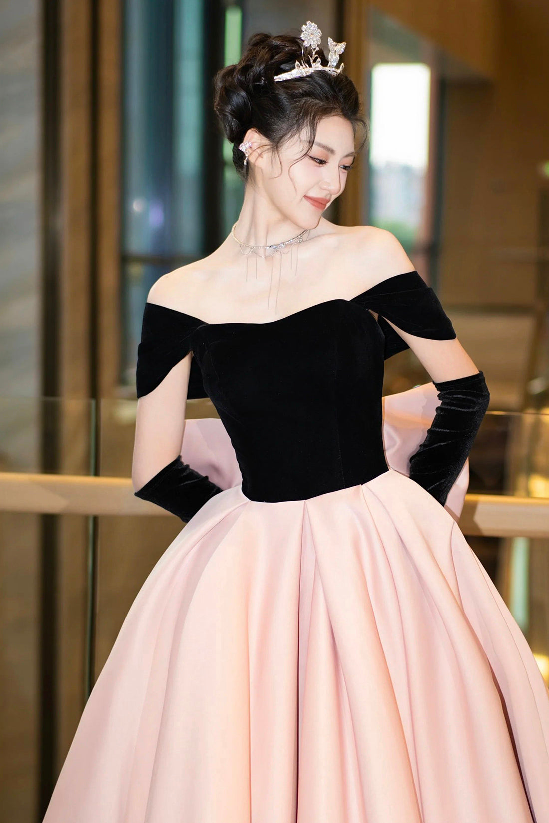 Black Velvet and Pink Satin Long Prom Dress, Off the Shoulder A-Line Evening Party Dress