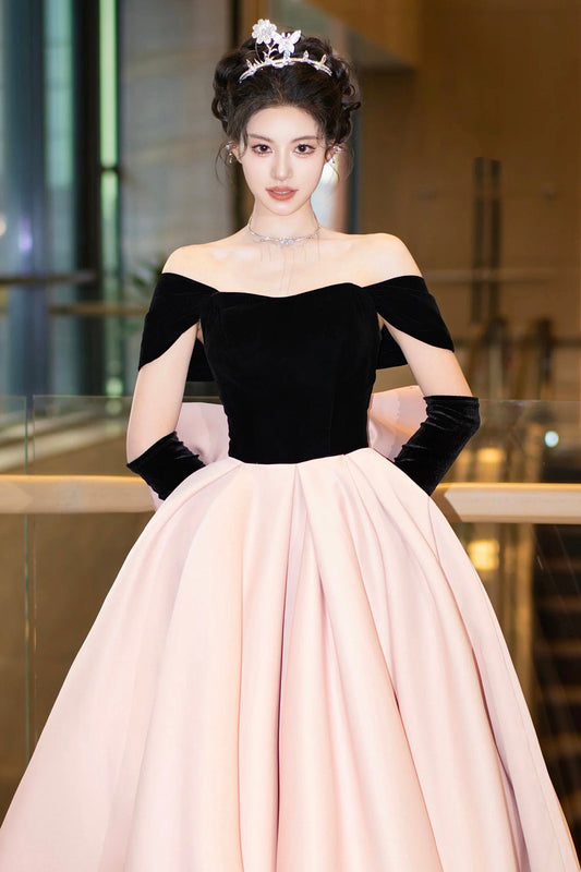 Black Velvet and Pink Satin Long Prom Dress, Off the Shoulder A-Line Evening Party Dress