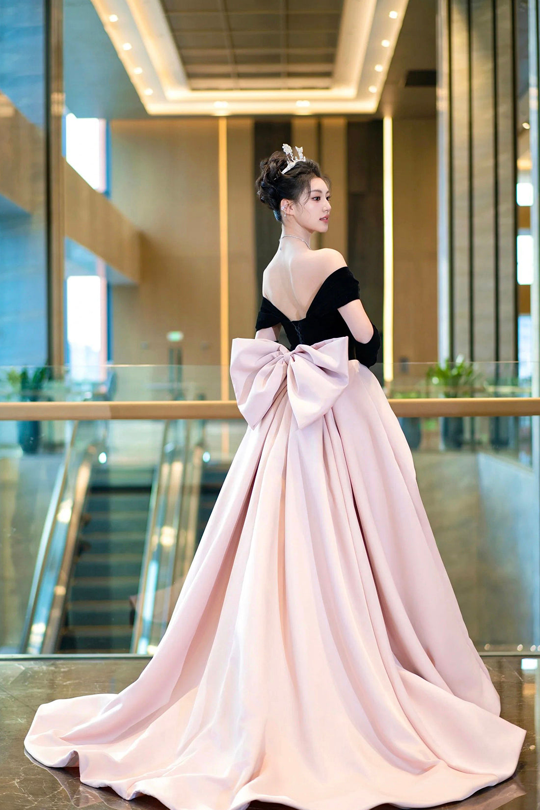 Black Velvet and Pink Satin Long Prom Dress, Off the Shoulder A-Line Evening Party Dress