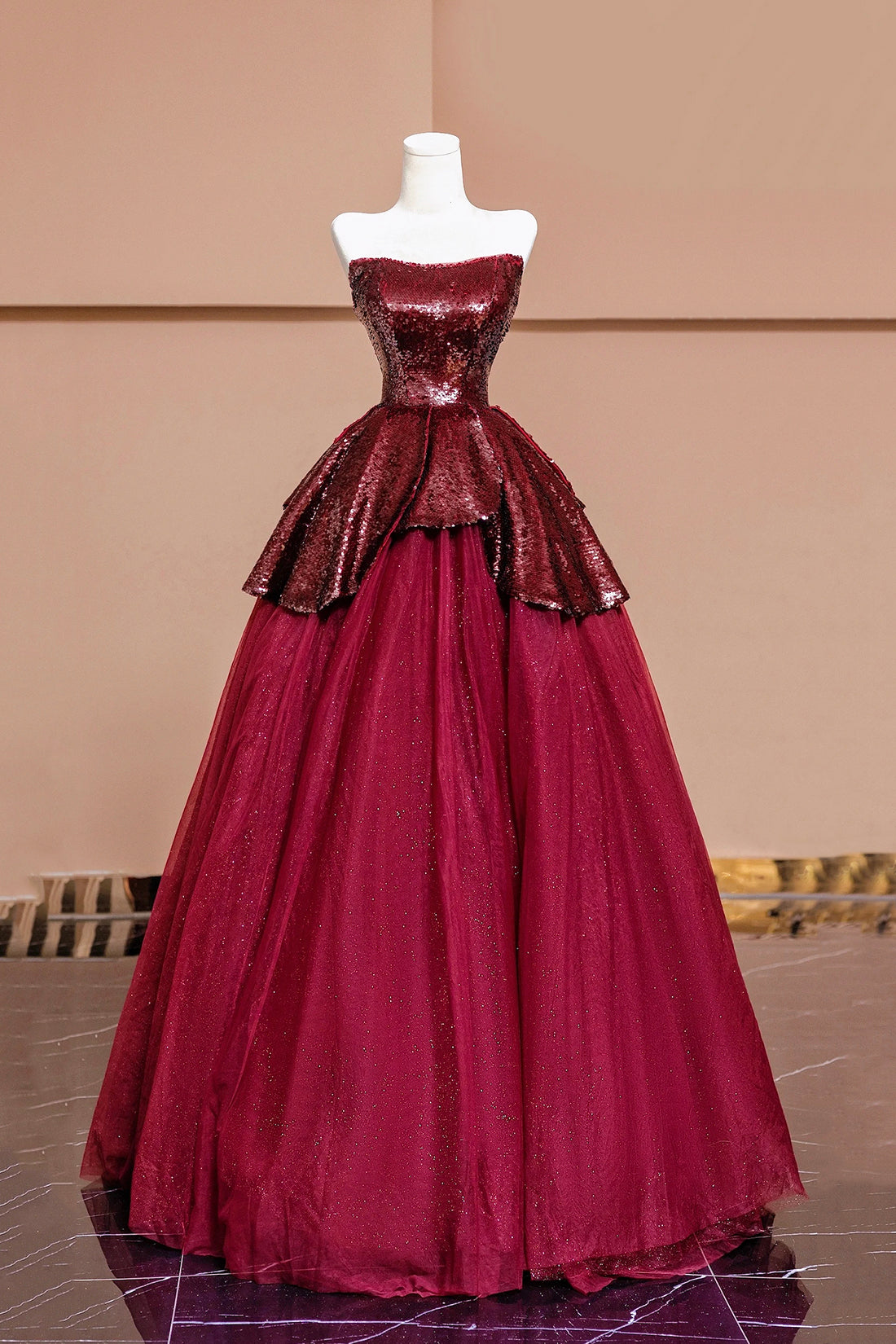 Burgundy Tulle Sequins Long Prom Dress, A-Line Strapless Evening Party girlideas Burgundy Tulle Sequins Long Prom Dress, A-Line Strapless Evening Party girlideas