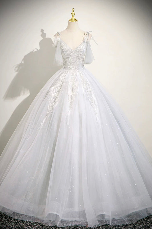 White V-Neck Tulle Sequins Long Prom Dress, A-Line Evening Party Dress