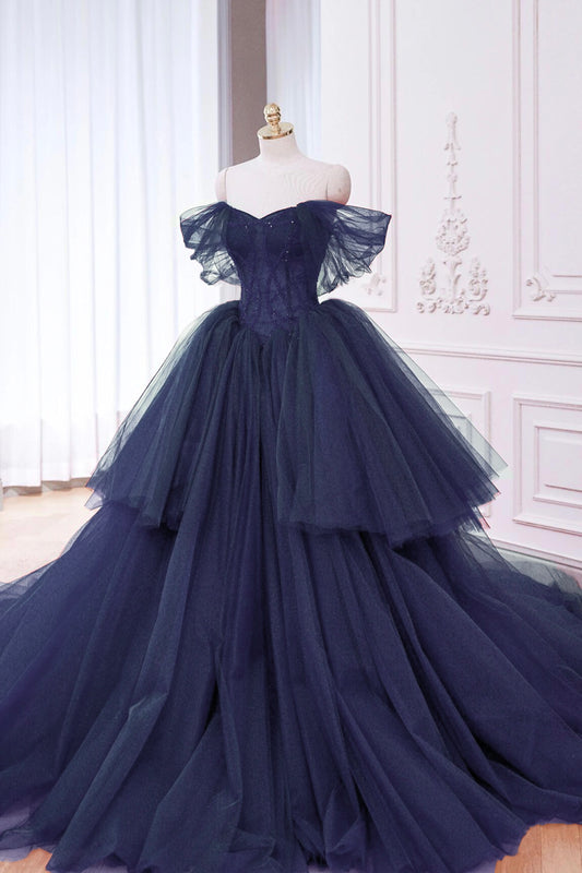 Navy Tulle Beads Long Prom Dress, Off the Shoulder Evening Party Dress