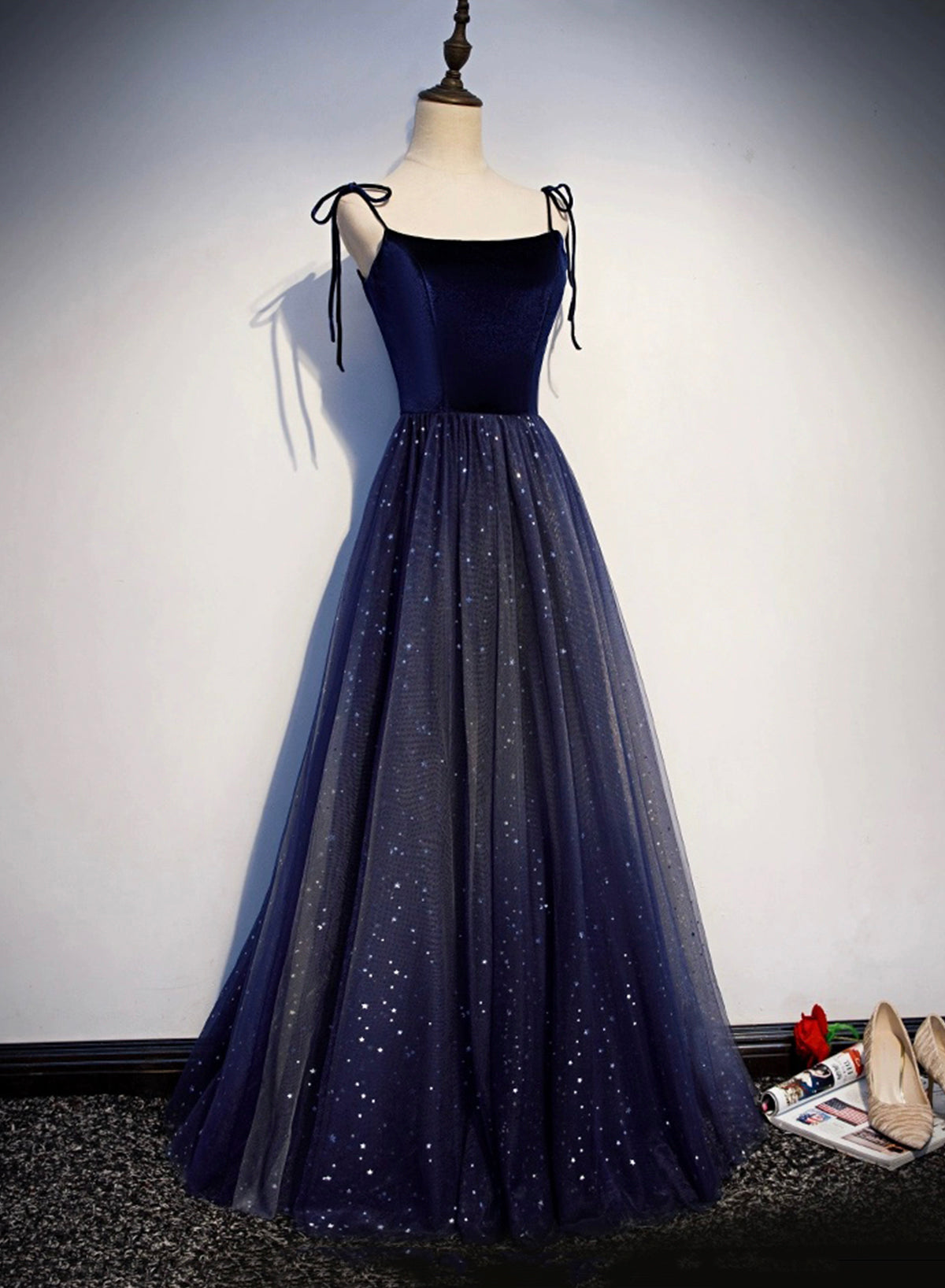 Dark Blue Velvet Tulle Floor Length Prom Dress, Beautiful A-Line Evening Party Dress