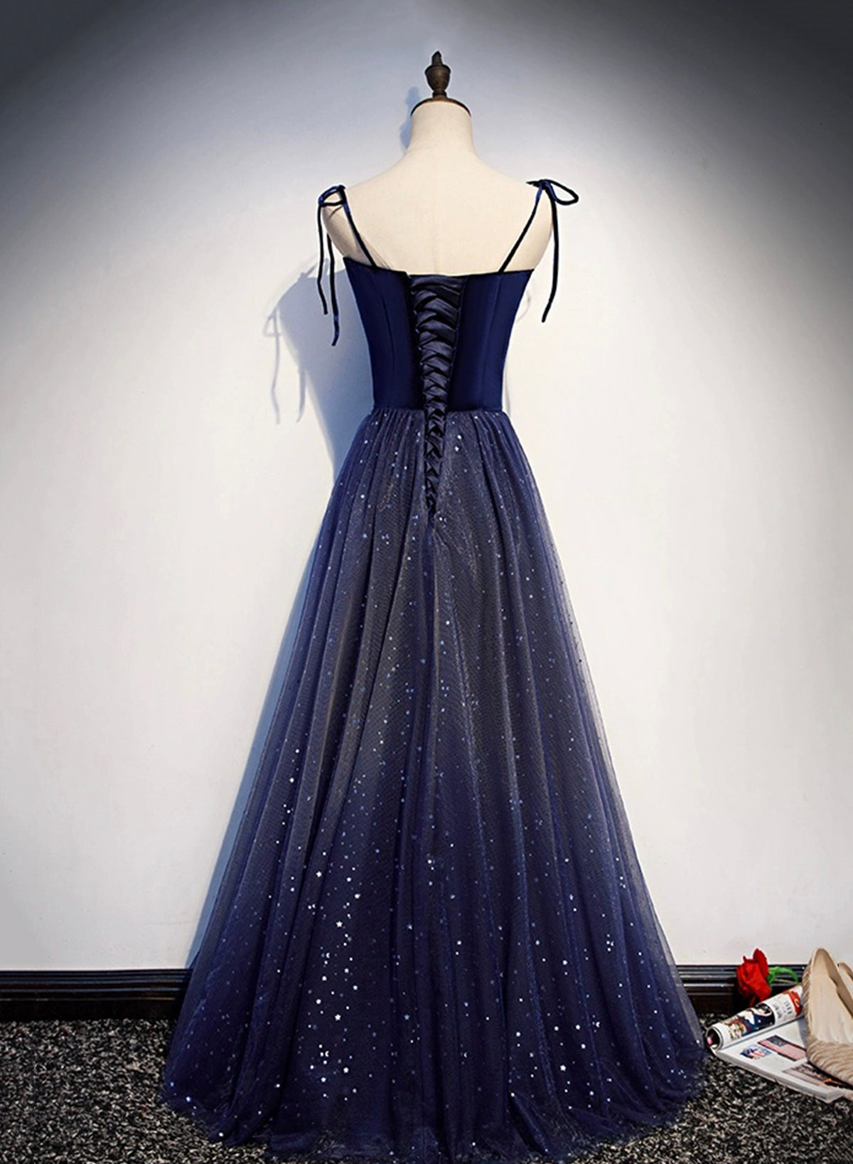 Dark Blue Velvet Tulle Floor Length Prom Dress, Beautiful A-Line Evening Party Dress