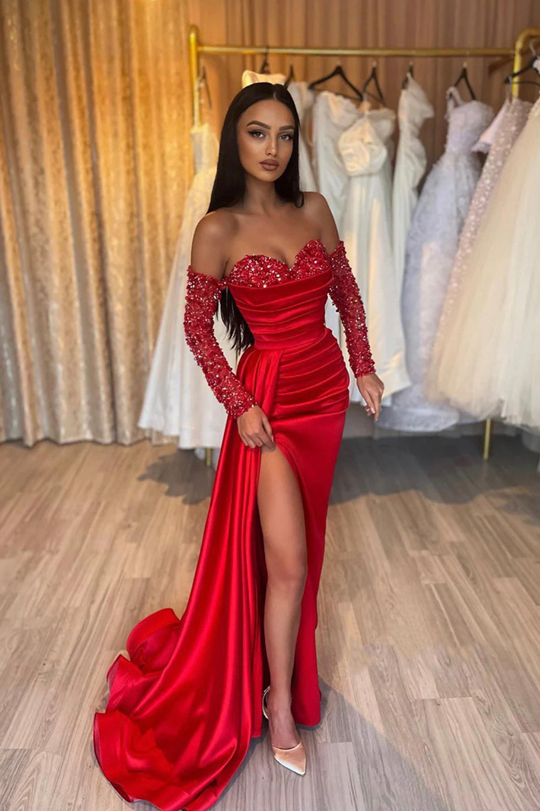 Stylish Sweetheart Sequins Long Sleeves Long Prom Dress