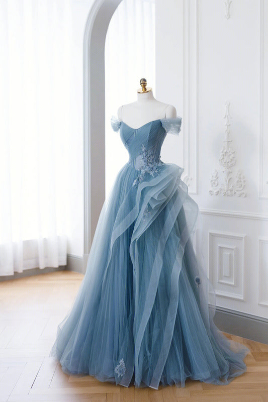 Blue Tulle Lace Long Prom Dress, Off the Shoulder Evening Party Dress