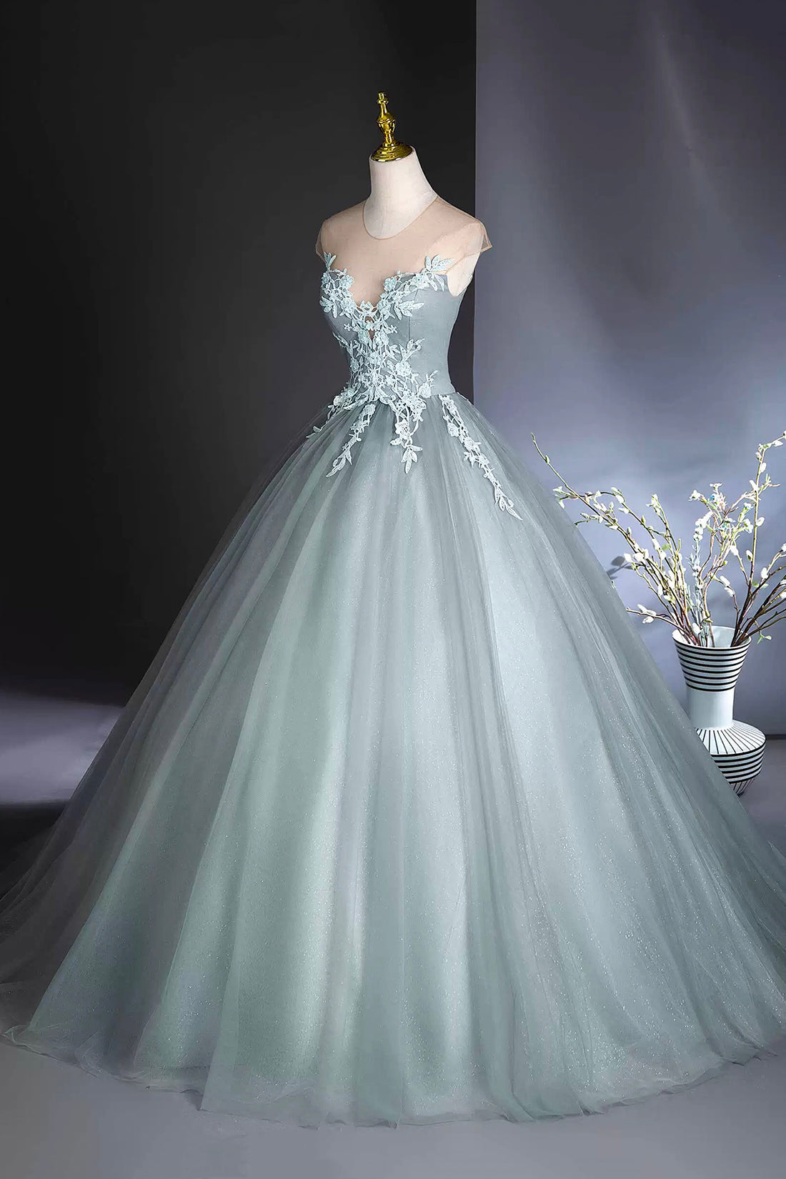 Elegant Tulle Lace Floor Length Prom Dress, Dusty Green Formal Evening Dress