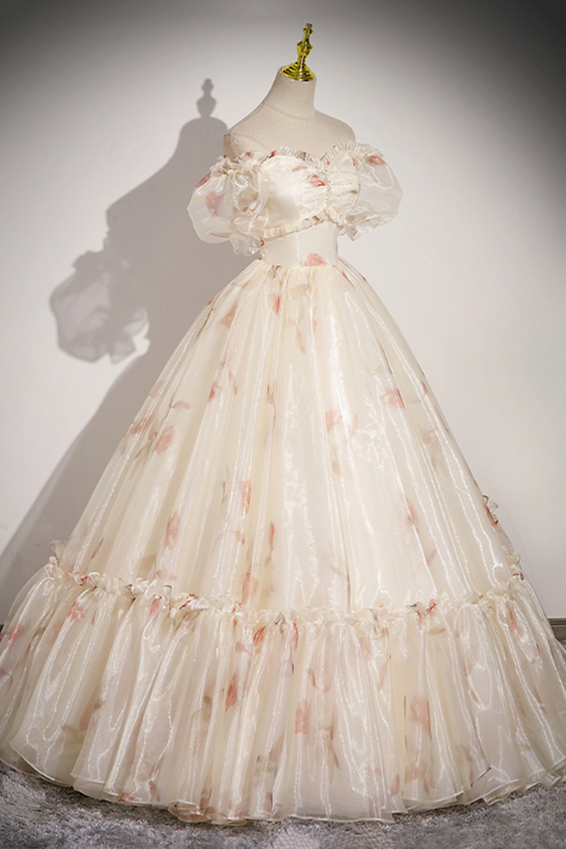 Elegant Floral Tulle Long Prom Dress, Champagne Short Sleeve Evening Dress