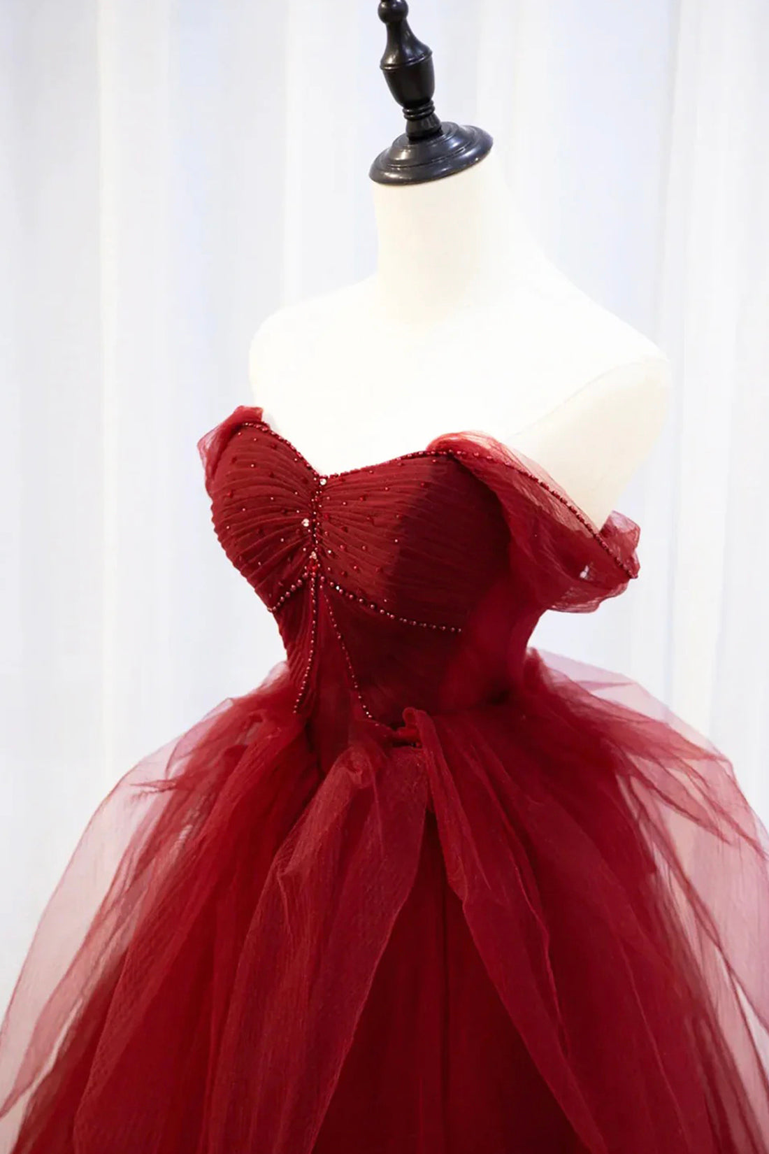 Burgundy Tulle Long Prom Dress, Off the Shoulder Evening Party Dress