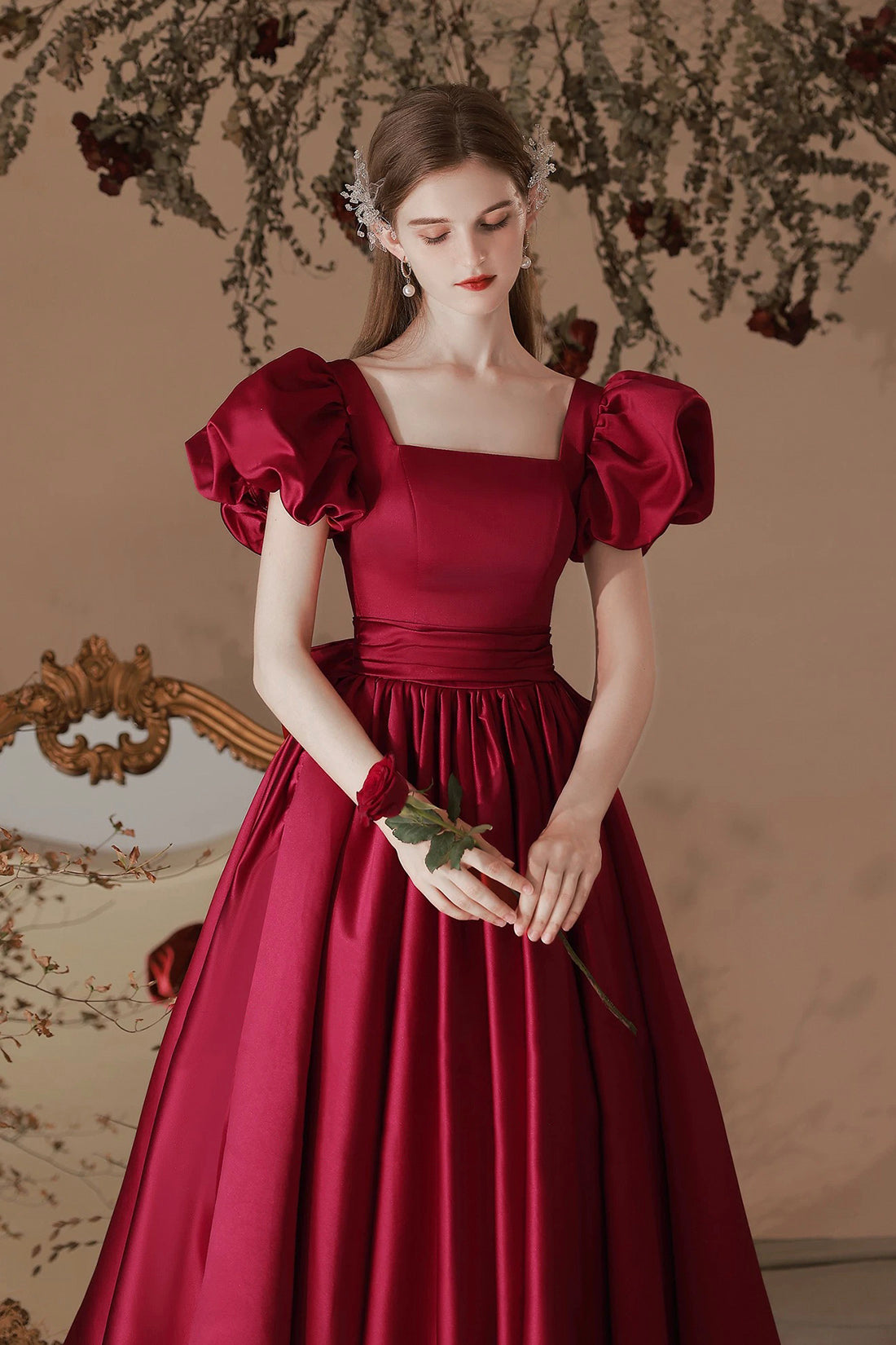 A-Line Satin Tea Length Prom Dress, Burgundy Short Sleeve Party Dress