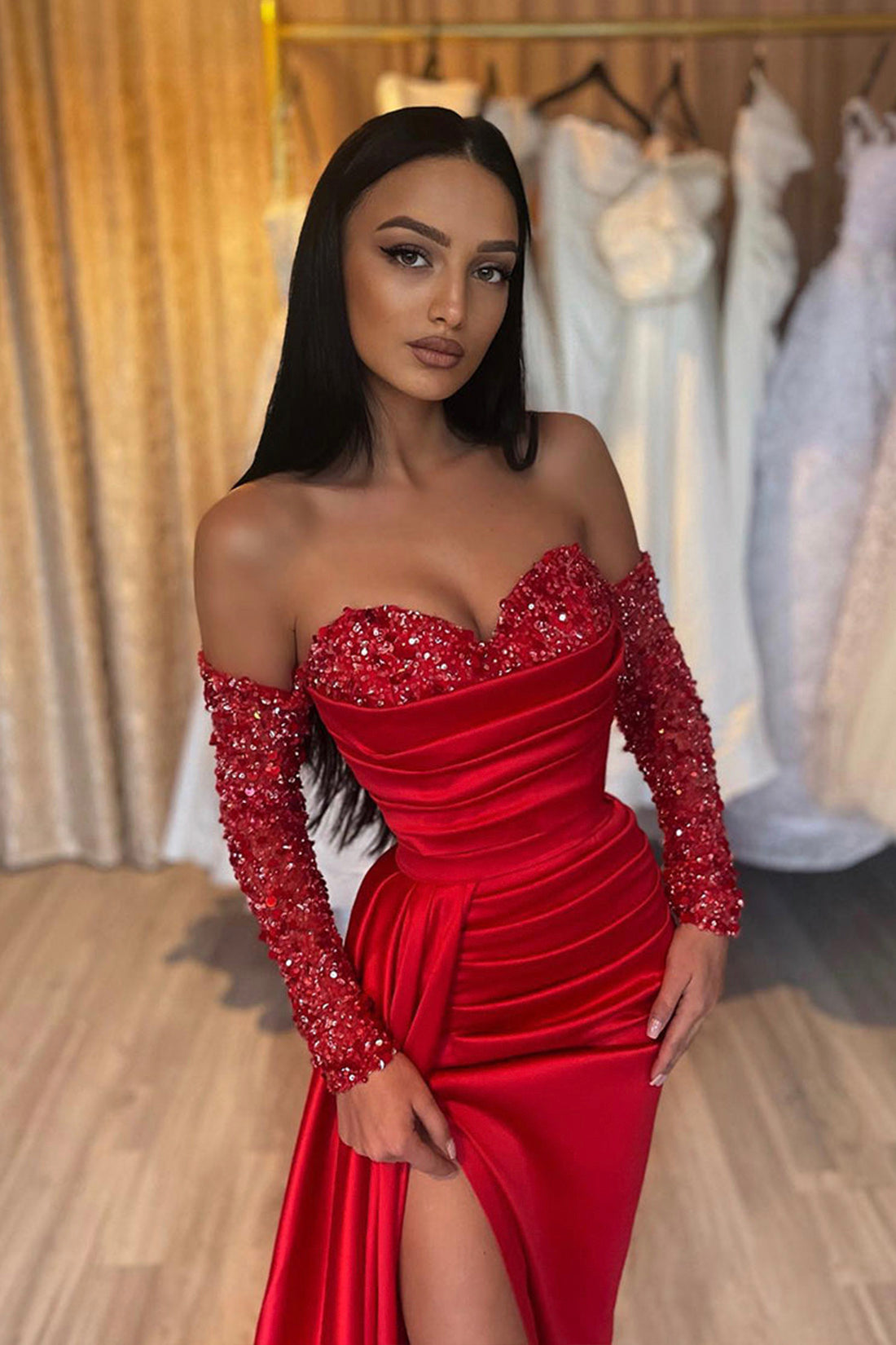 Stylish Sweetheart Sequins Long Sleeves Long Prom Dress
