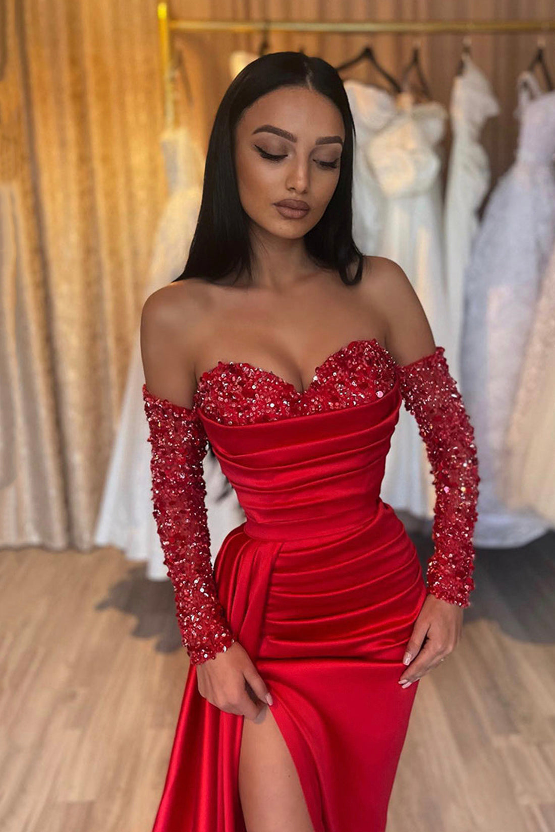 Stylish Sweetheart Sequins Long Sleeves Long Prom Dress