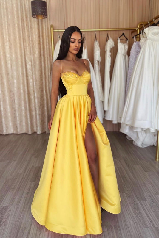 Yellow High Side Split Satin Long Prom Dress, Sweetheart Spaghetti Strap A-Line Formal Dress