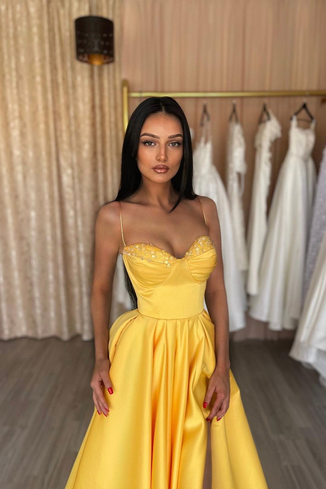 Yellow High Side Split Satin Long Prom Dress, Sweetheart Spaghetti Strap A-Line Formal Dress