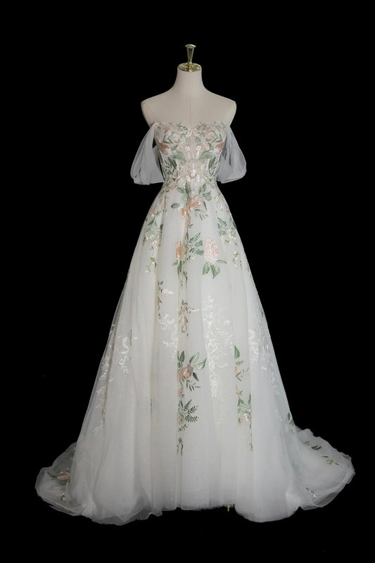 White Floral Lace Tulle Long Prom Dress, Off the Shoulder Evening Party Dress