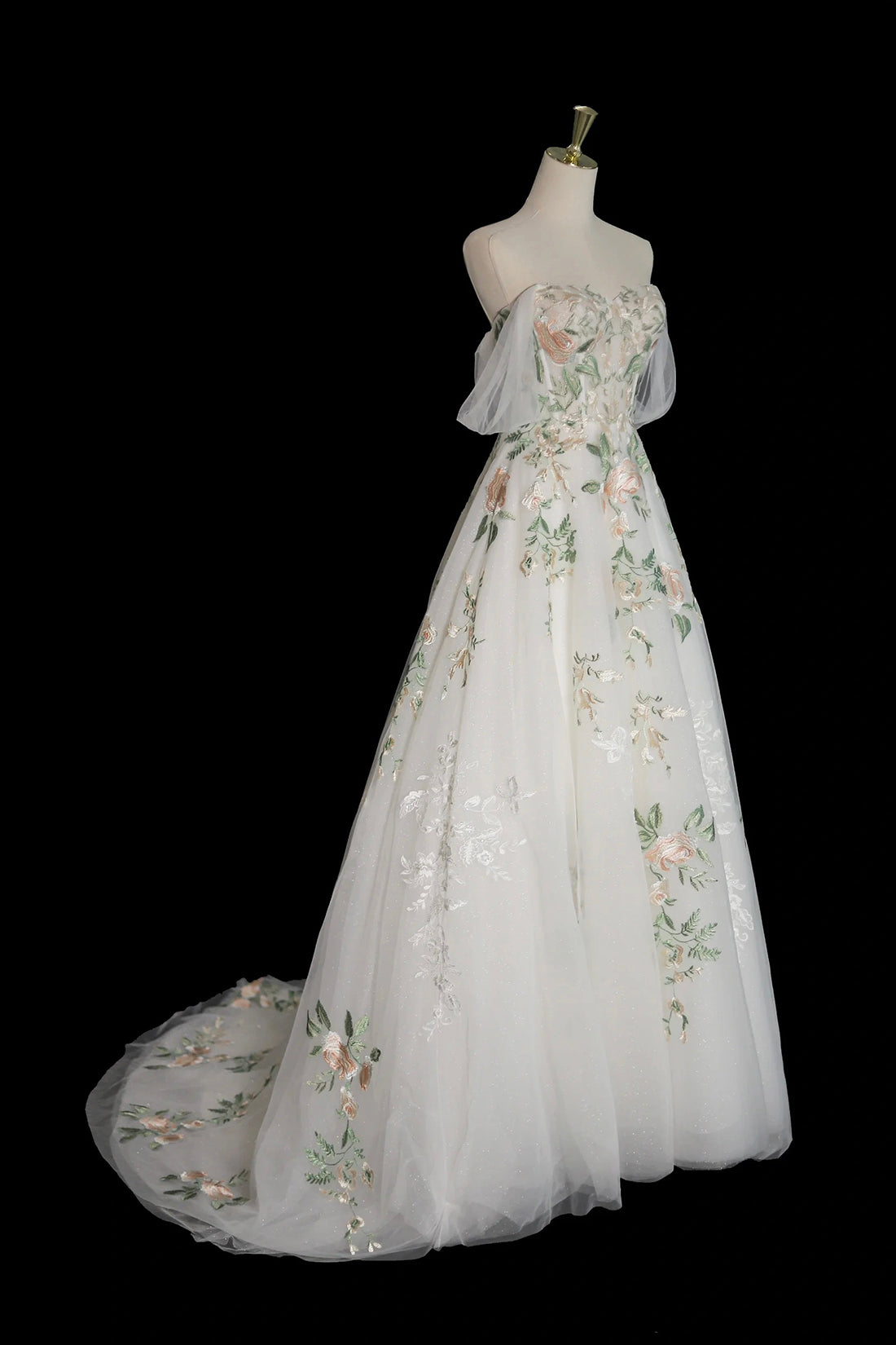White Floral Lace Tulle Long Prom Dress, Off the Shoulder Evening Party Dress