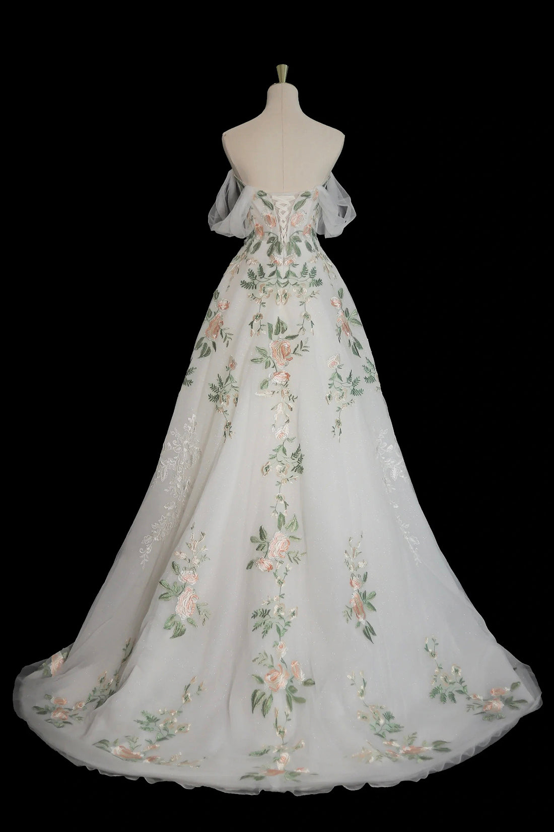 White Floral Lace Tulle Long Prom Dress, Off the Shoulder Evening Party Dress