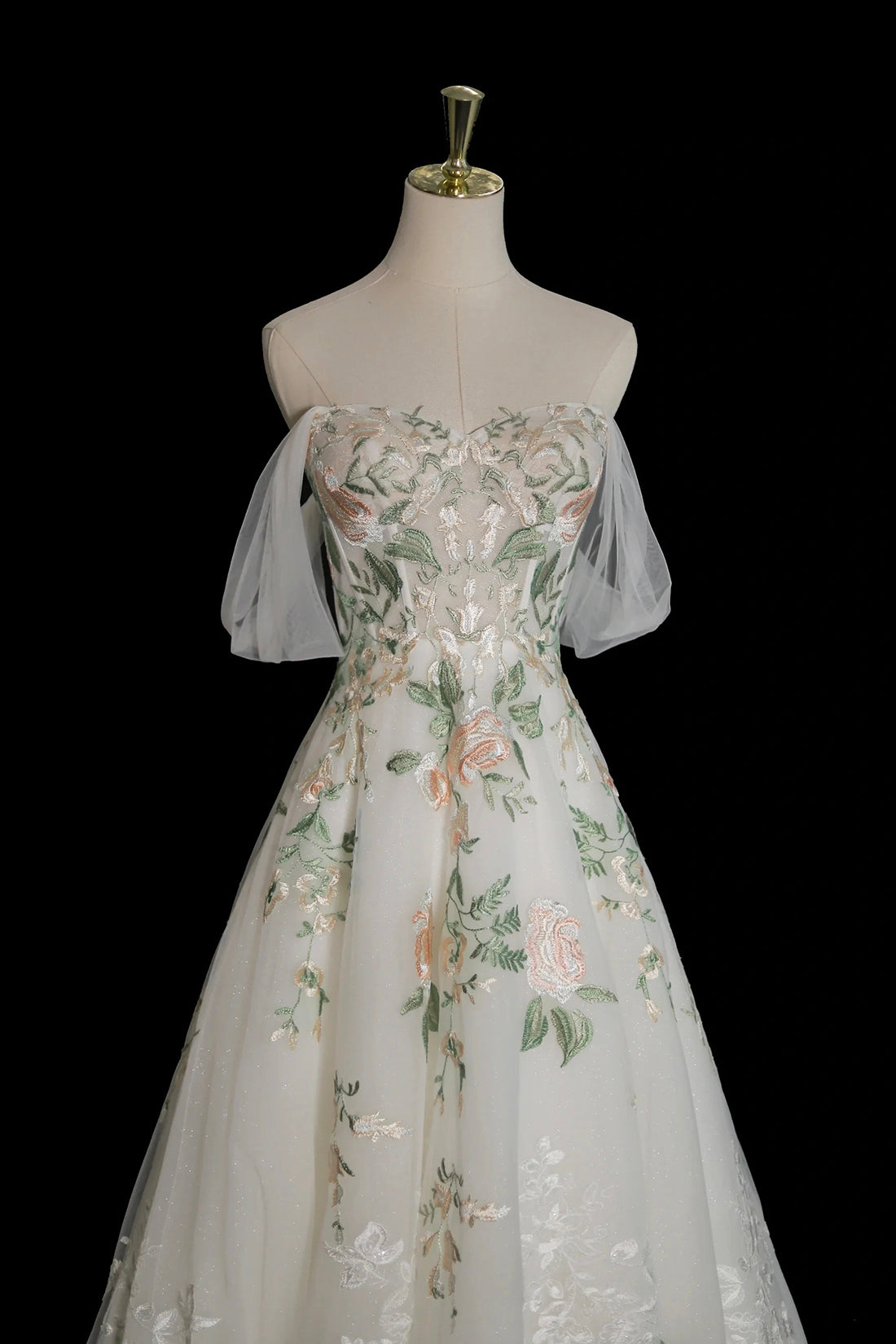 White Floral Lace Tulle Long Prom Dress, Off the Shoulder Evening Party Dress