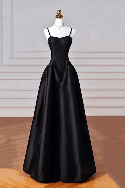 Black Spaghetti Strap Satin Long Prom Dress, Black A-Line Evening Party Dress