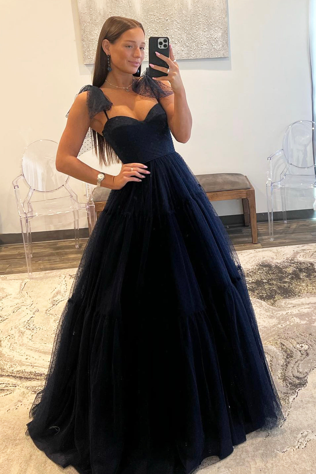 Blue Tulle Floor Length Prom Dress, Beautiful A-Line Evening Party Dress