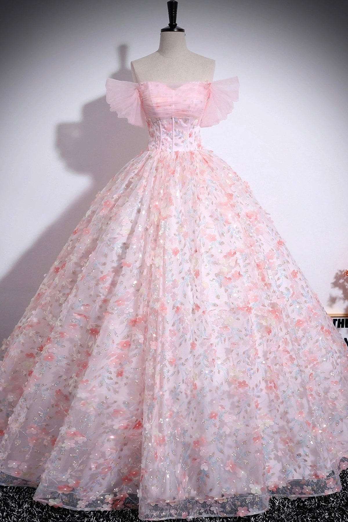 Pink Tulle Floral Long Prom Dress, Pink A-Line Off the Shoulder Party Dress