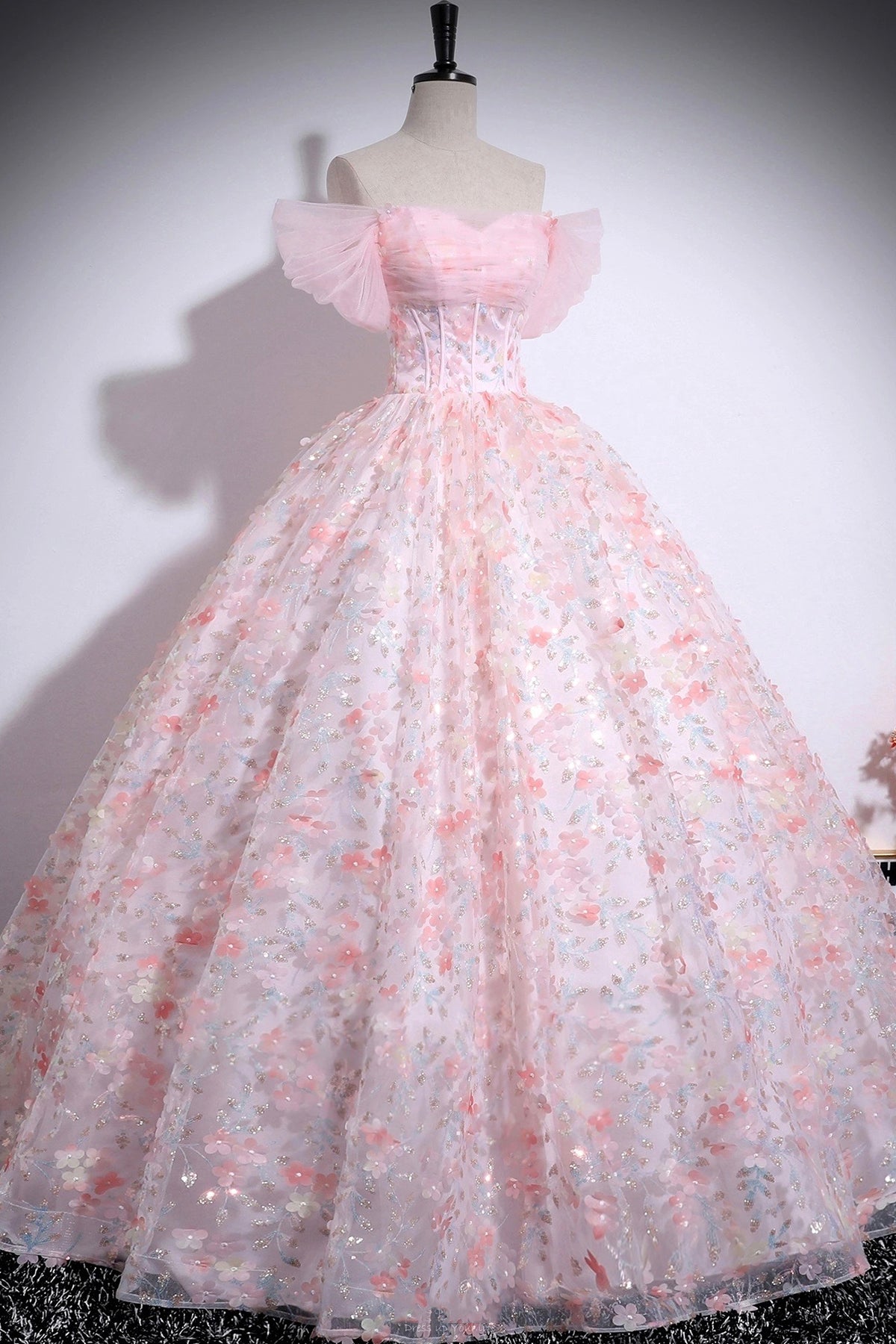 Pink Tulle Floral Long Prom Dress, Pink A-Line Off the Shoulder Party Dress