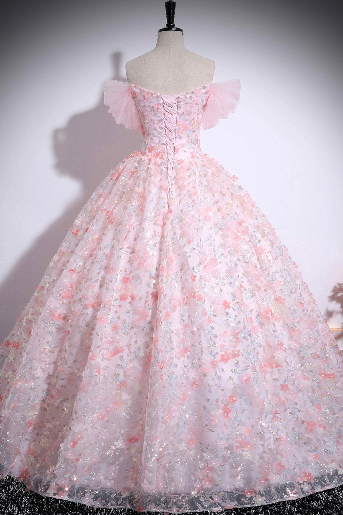 Pink Tulle Floral Long Prom Dress, Pink A-Line Off the Shoulder Party Dress
