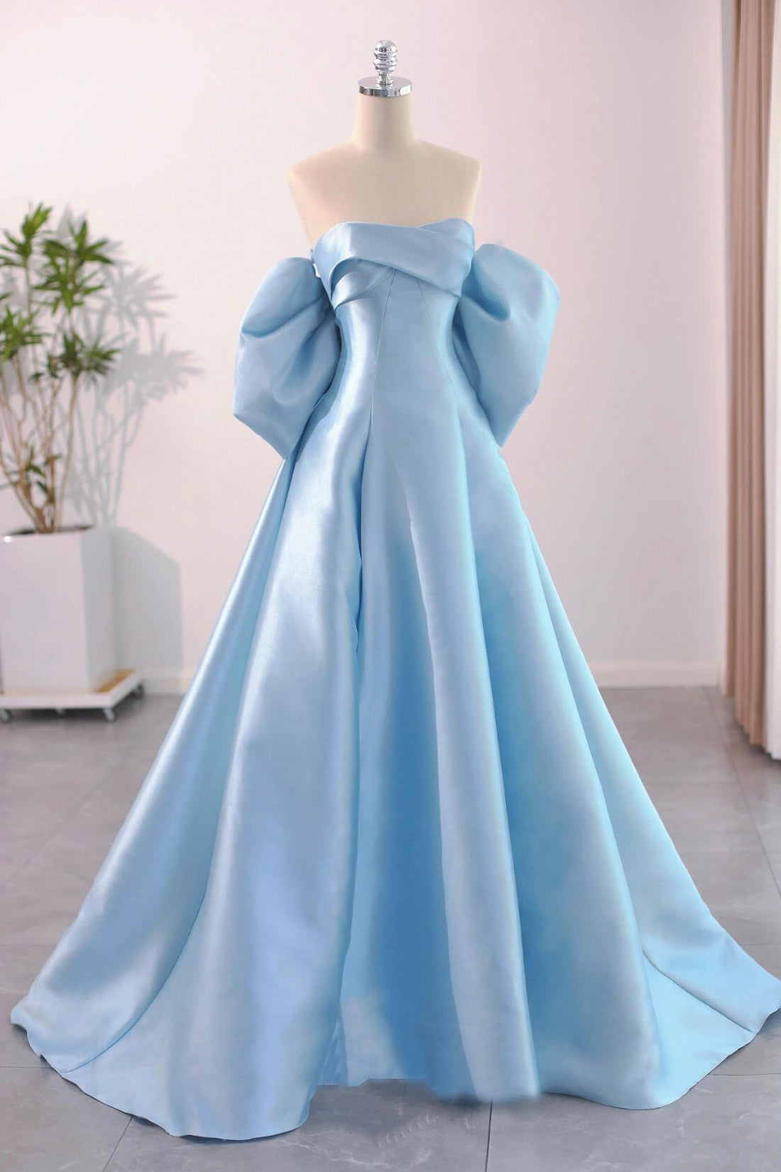 Blue Satin Floor Length Prom Dress with Bow
