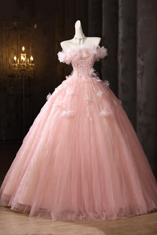 Pink Tulle Lace Long Prom Dress, Pink A-Line Off the Shoulder Party Dress