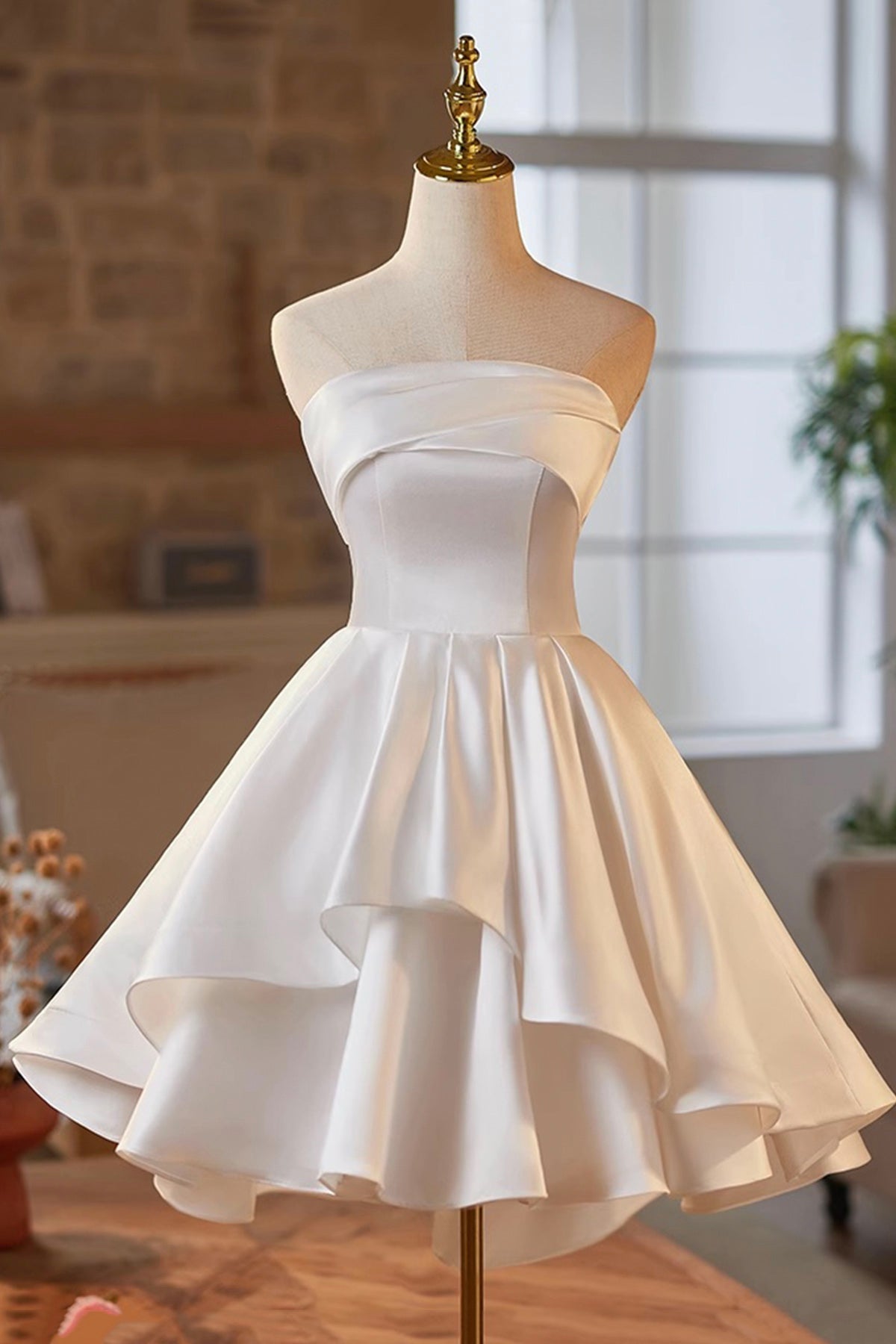 White Satin Short Prom Dress, A-Line Strapless Homecoming Party Dress