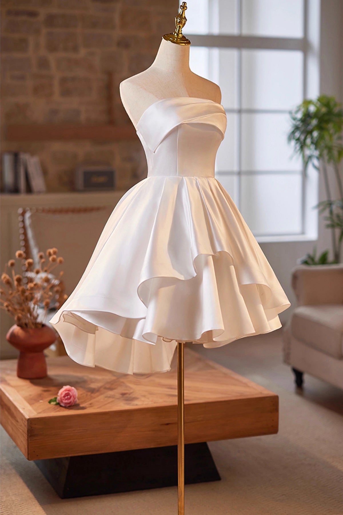 White Satin Short Prom Dress, A-Line Strapless Homecoming Party Dress