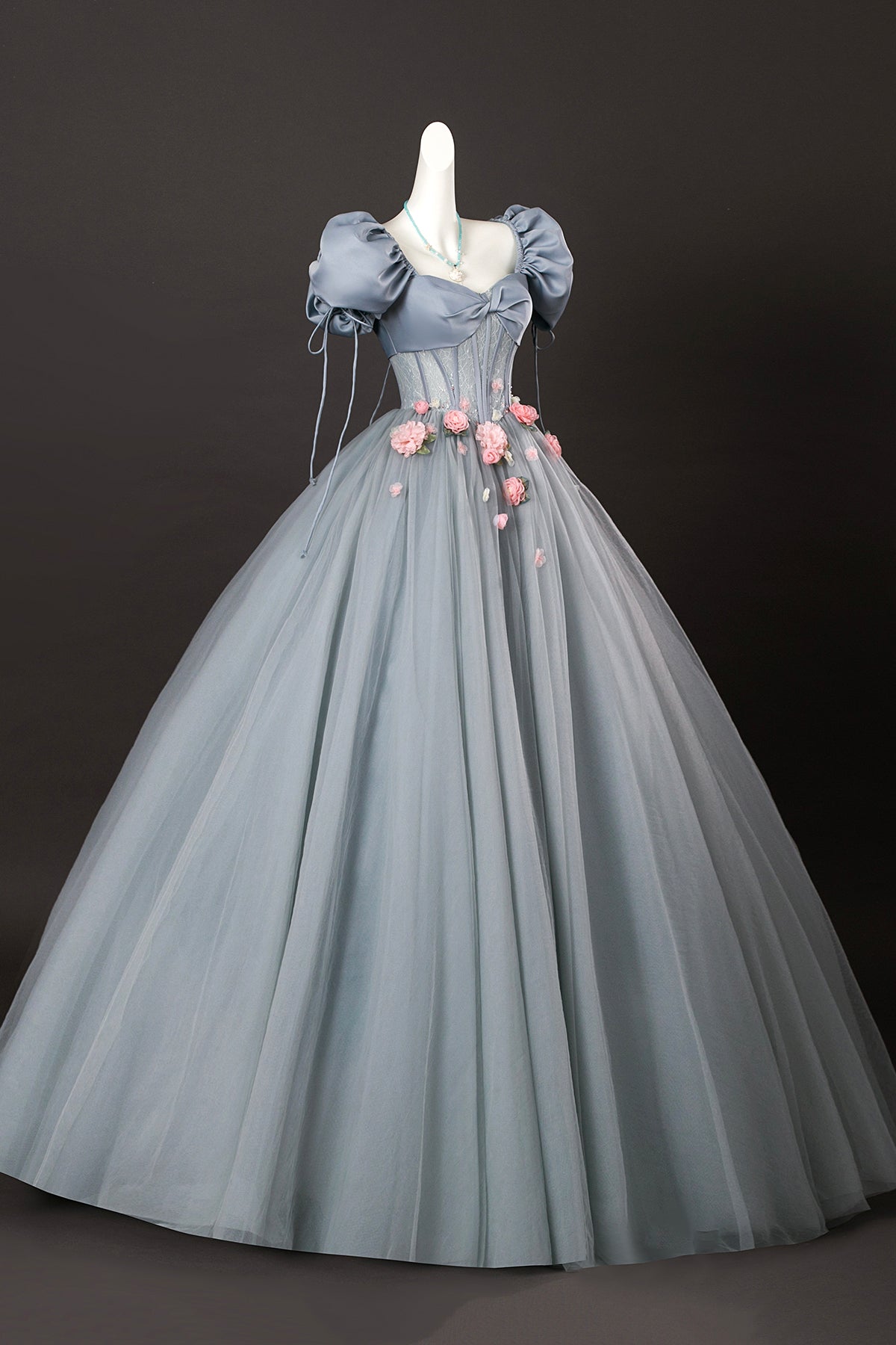 Gray Tulle Flowers Long Prom Dresses, Beautiful A Line Corset Formal Dresses