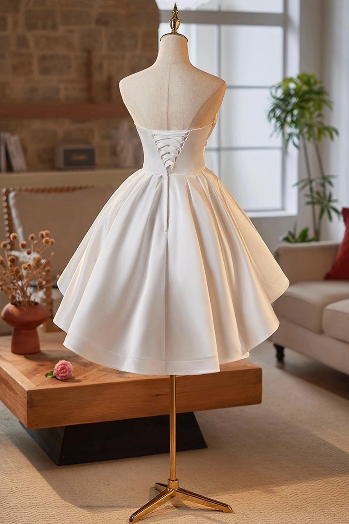 White Satin Short Prom Dress, A-Line Strapless Homecoming Party Dress