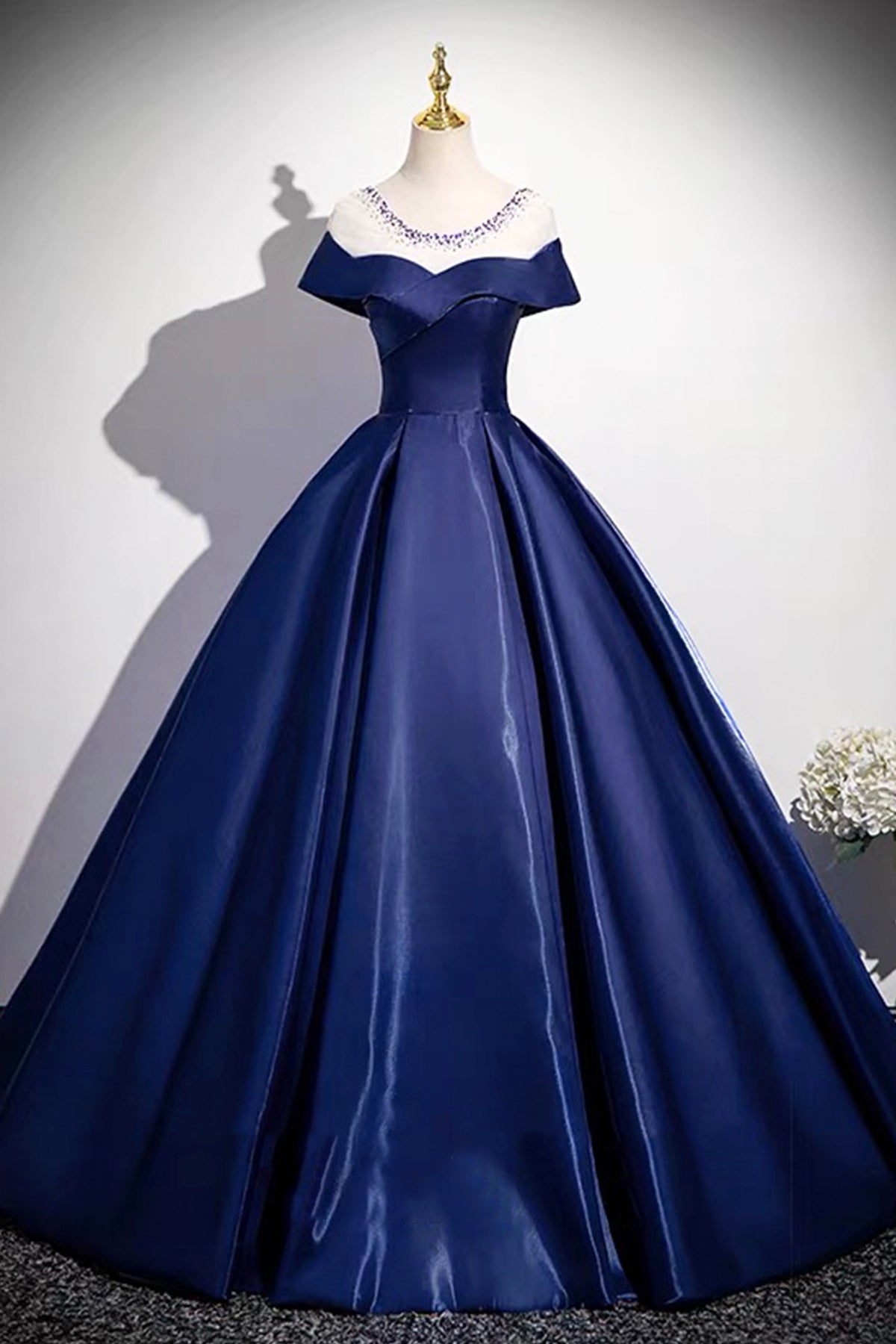 Navy Scoop Neckline Satin Long Prom Dress, A-Line Evening Party Dress
