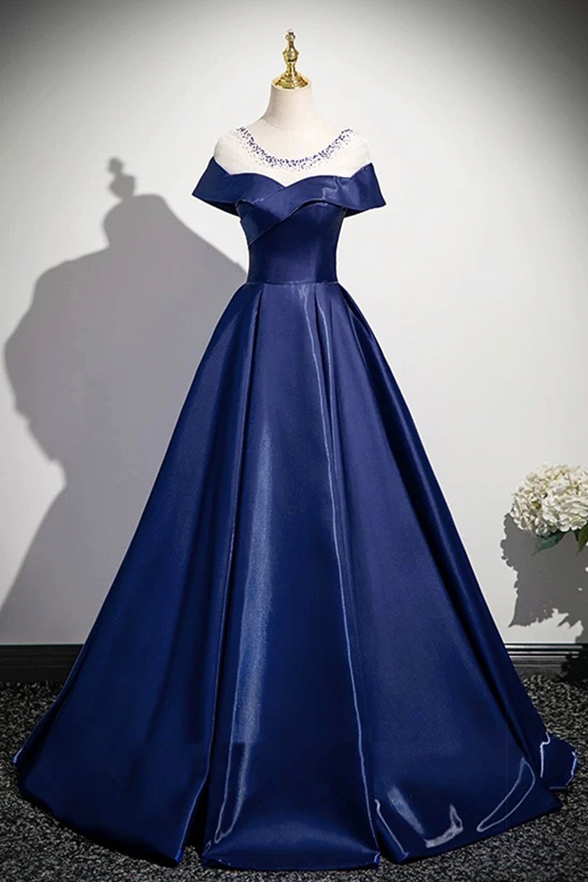 Navy Scoop Neckline Satin Long Prom Dress, A-Line Evening Party Dress
