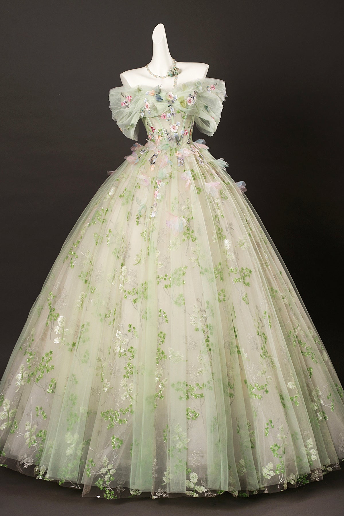 Green Tulle Floral Long Floor Length Formal Dress, Green A-Line Prom Party Dress