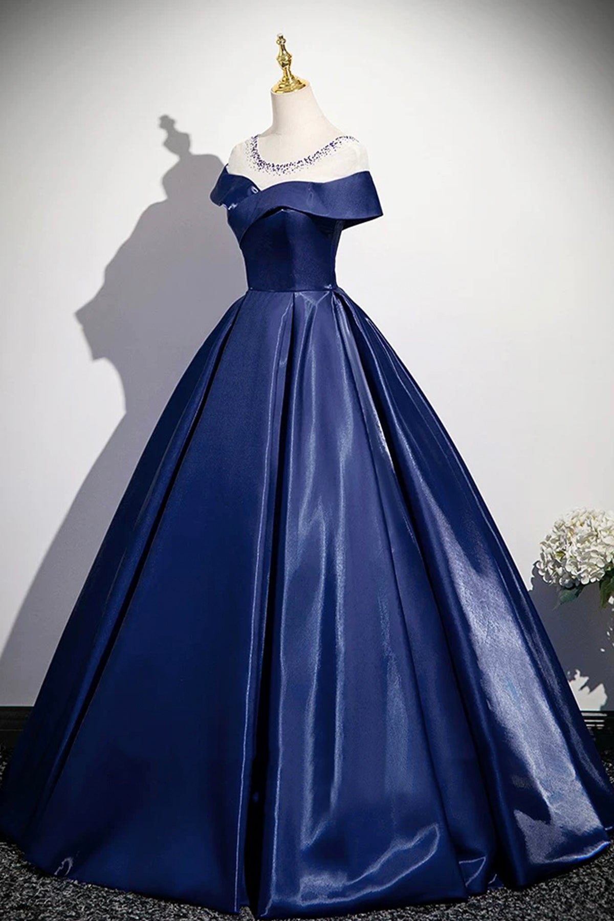 Navy Scoop Neckline Satin Long Prom Dress, A-Line Evening Party Dress