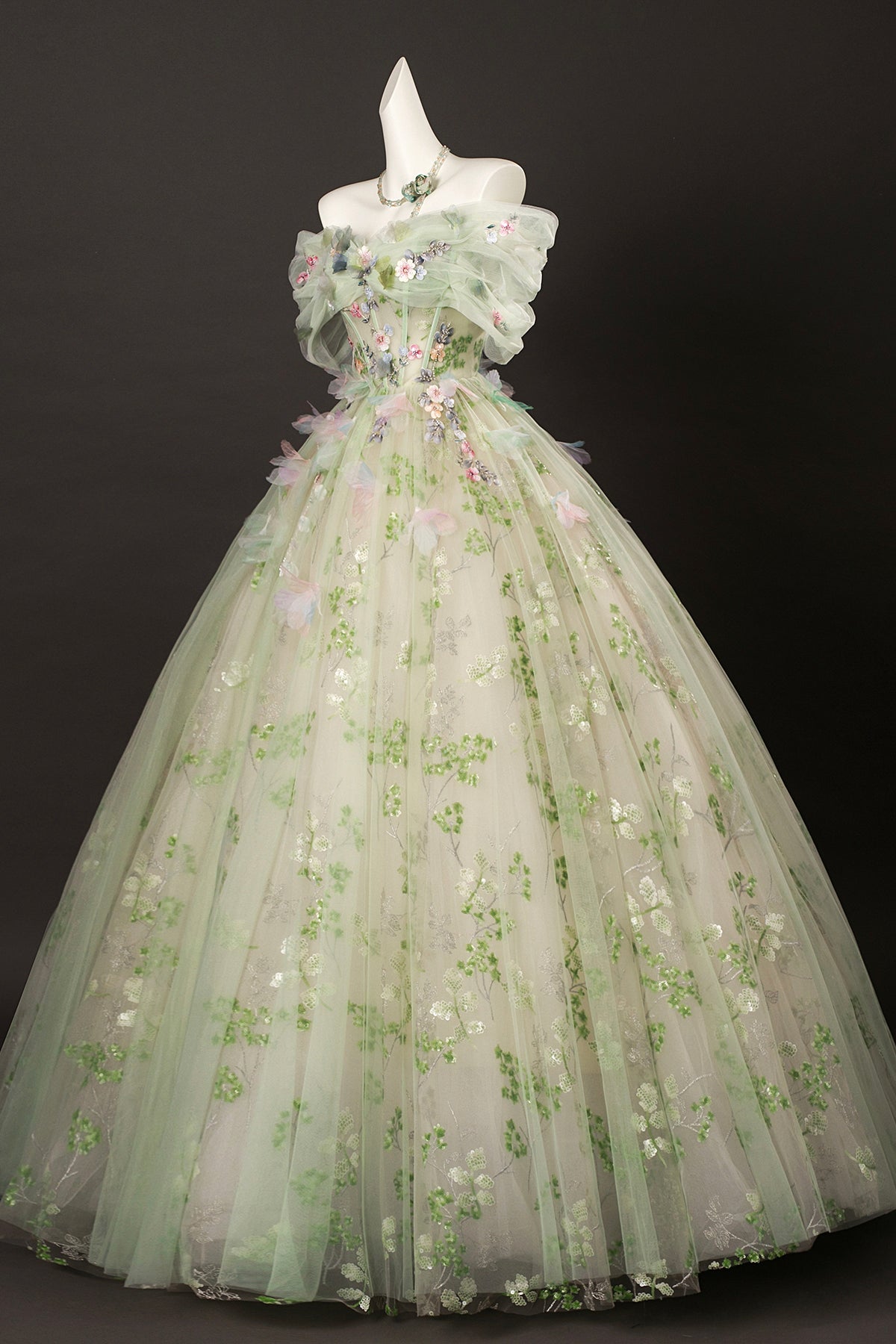 Green Tulle Floral Long Floor Length Formal Dress, Green A-Line Prom Party Dress