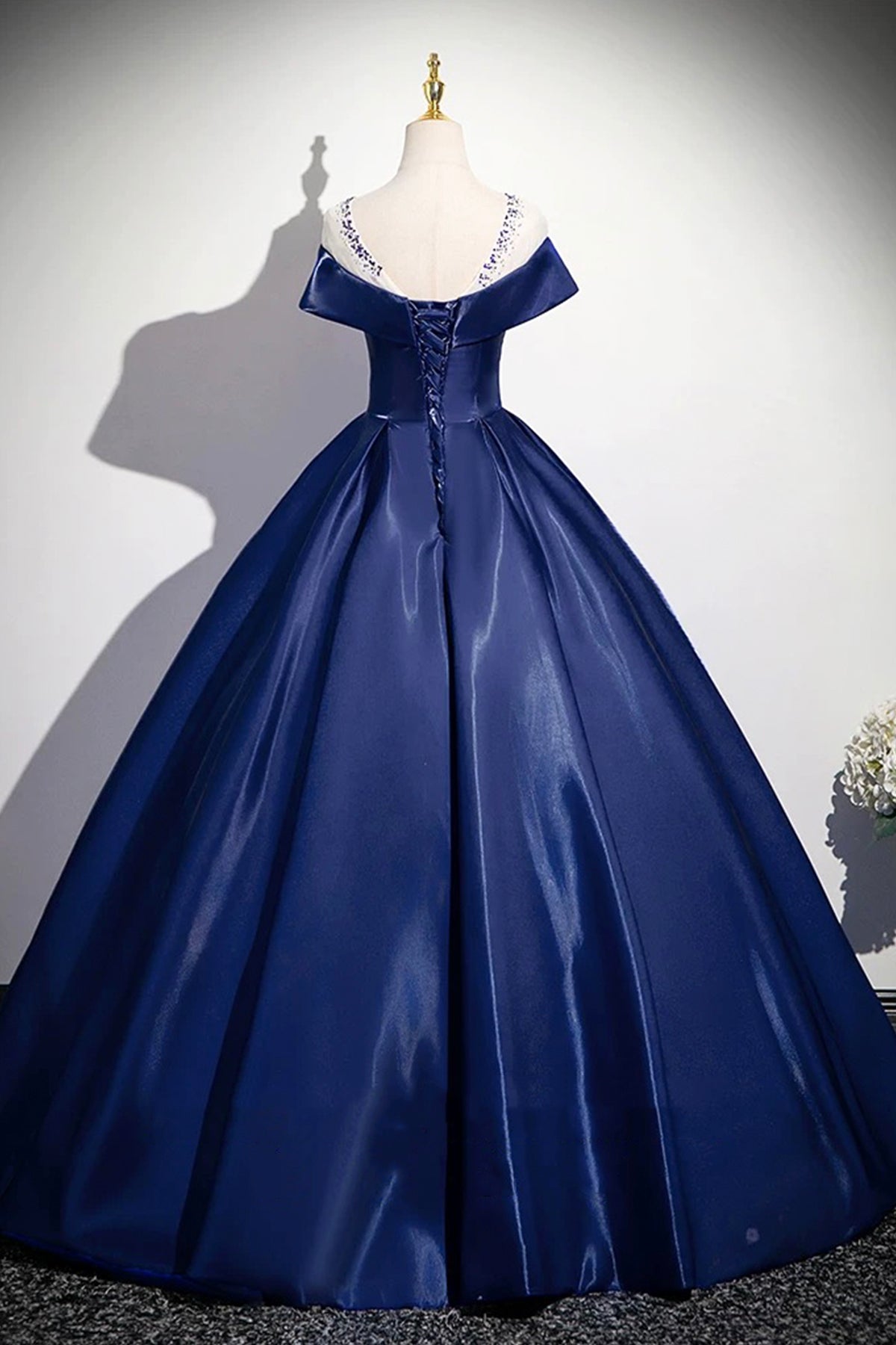 Navy Scoop Neckline Satin Long Prom Dress, A-Line Evening Party Dress