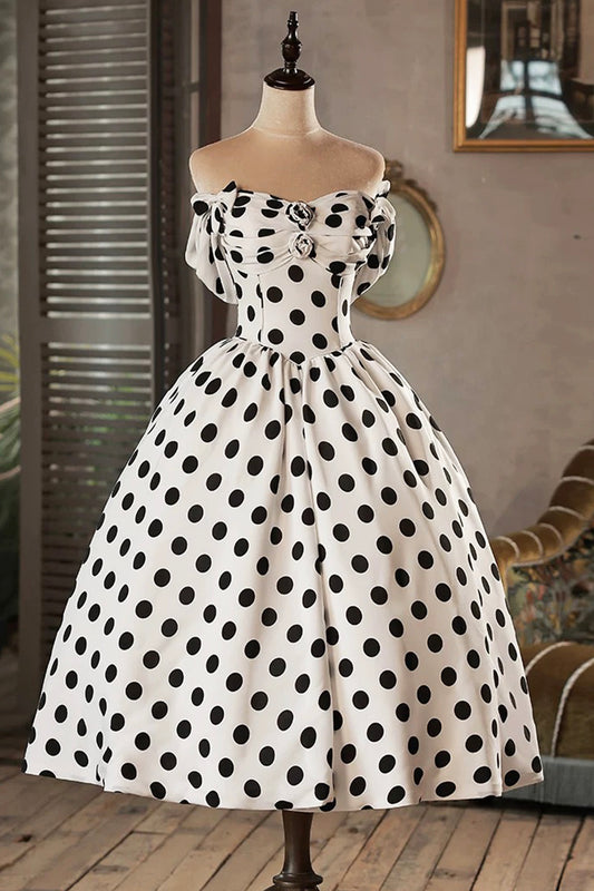 White and Black Polka Dots Tea Length Prom Dress, Off the Shoulder Party Dress